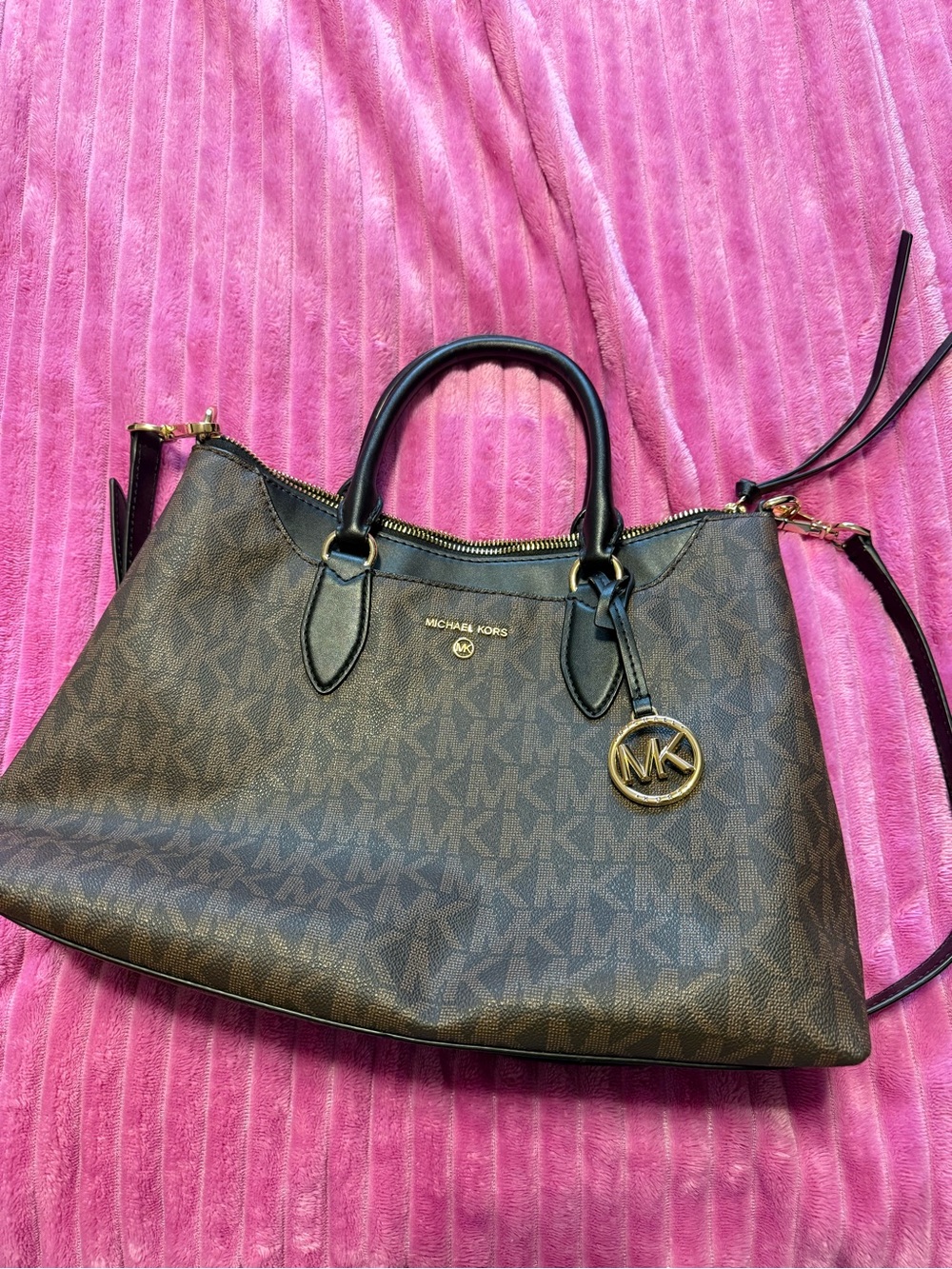 Michael Kors Brown MK Logo Satchel with Gold Hardware